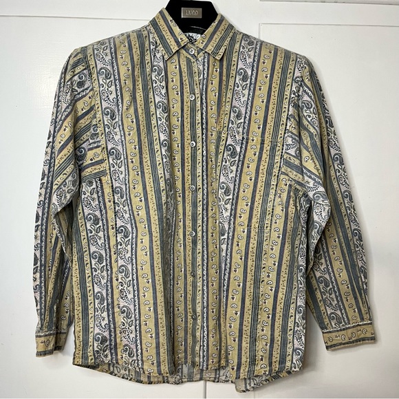 Vintage 90s Sudden Impact Paisley Western Striped Chambray Denim Button Up Shirt - Picture 1 of 5